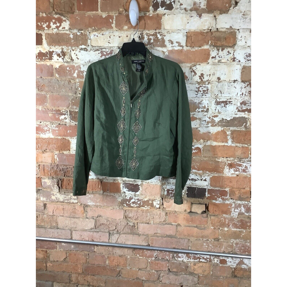 Anne Carson Jacket Womens PL Petites Green Beaded Full Zip Long‎ Sleeves Linen